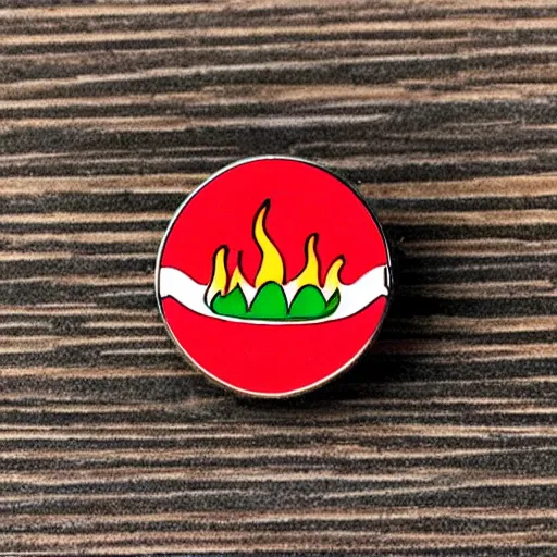 Image similar to minimalistic jalapeno on fire flame circle enamel pin retro design