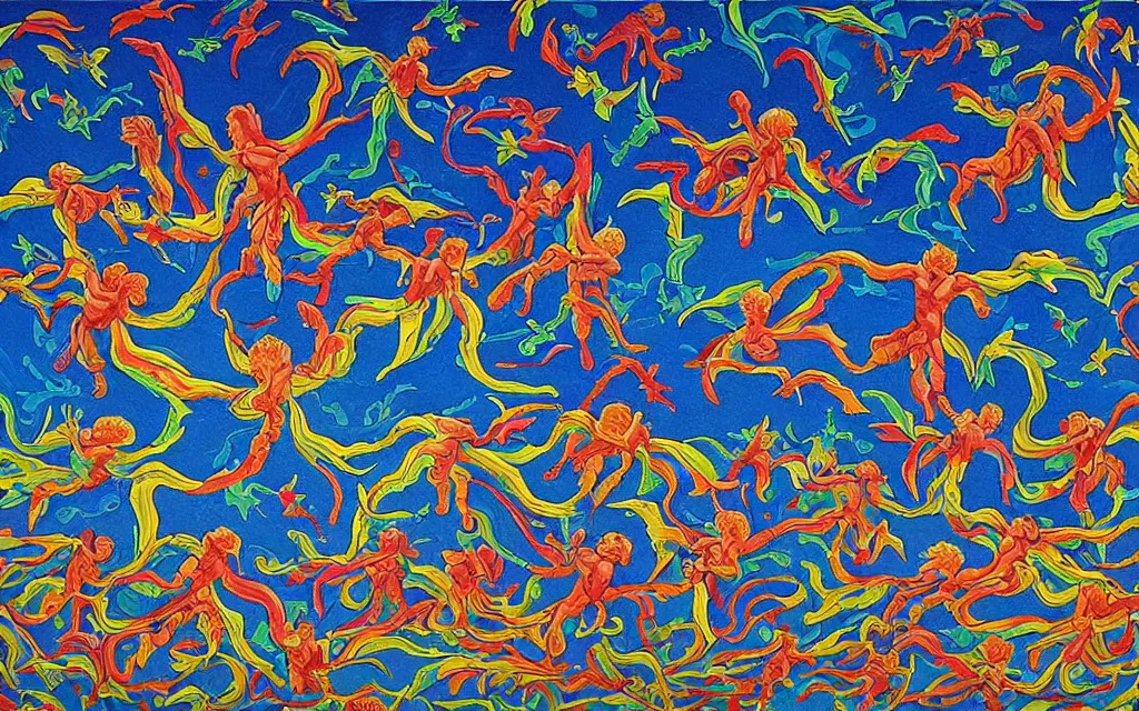 Prompt: vision of angels - a painting of a group of angels flying above a countryside, their wings creating a beautiful pattern in the sky by yayoi kusama and simon bisley, style of fantastic planet