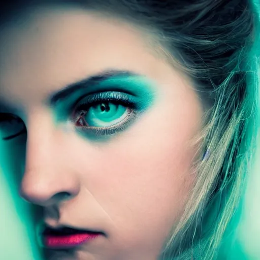 Prompt: a photo of a beautiful woman. moody and melanchony, with a little bit of tasteful cyan and green.