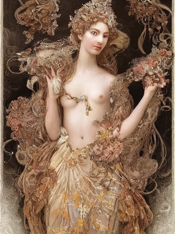 Prompt: a beautiful portrait render of a young lady,veiled,rococo dramatic headdress with intricate fractals of butterflies ,tassels,by Daveed Benito and Lawrence Alma-Tadema and Enchanted doll and aaron horkey and peter gric,trending on pinterest,rococo,hyperreal,jewelry,gold,ruby,feminine,intricate,maximalist,high detail,golden ratio,cinematic lighting