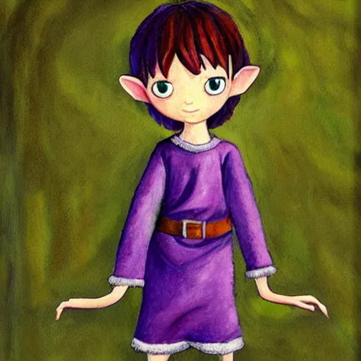 Prompt: little elf boy, purple tunic, soft hair. light color palate, detailed soft painting, made in abyss art style, anatomically correct, inspired in balthus