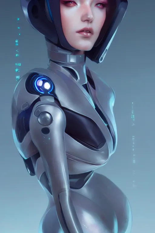 Image similar to pretty futuristic female cyber robot, humanoid, fullbody art, concept art, by charlie bowater, anna dittmann, wlop, rumiko takahashi, akihiko yoshida, hyung - tae kim, alexander mcqueen, trending on artstation