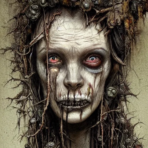 Image similar to realistic portrait undead creature made of rotting driftwood and moss. heald together by spiderwebs and fungi, dungeons and dragons, by Elodie Mondoloni, detailed intricate ink illustration, dark atmosphere, detailed illustration, hd, 4k, digital art, overdetailed art, concept art, by greg rutkowski, by loish, complementing colors, Trending on artstation, deviantart