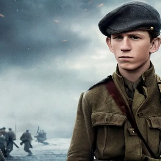 Image similar to tom holland as a british ww 2 soldier during the battle of dunkirk, highly detailed, cinematic lighting, photorealistic