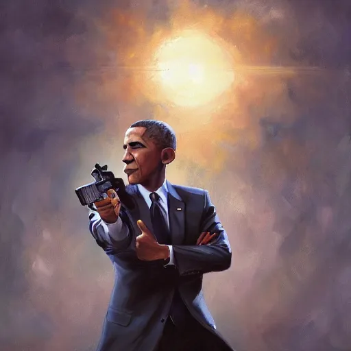 Prompt: a painting of obama holding a gun, by charlie bowater, 4 k