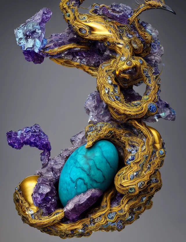 Image similar to a photo of a sculpture a winged serpent child made from blue and emerald and amethyst crystal geode formations encircling a marble egg on a base of obsidian made with liquid gold tendrils flowing by ellen jewett by stanisław szukalski, octane render, recursive, tendrils, elestial crystals, geode, refracted light