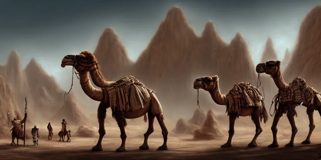 Prompt: bipedal humanoid camel merchants in town square, tents, matte oil painting, retrofuturistic, concept art, quarrying, science fantasy, mutant, lgbt, rpg, epic, rusted, white salt, badlands, jungles, dungeons & dragons, sacred, sharp focus, award - winning, extremely detailed, 4 k, 8 k