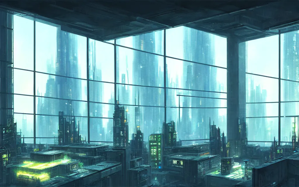 Prompt: cyberpunk loft lounge with tall windows, no people, city in background, drawn by feng zhu, sparse plants, dim painterly lighting volumetric aquatics, impasto