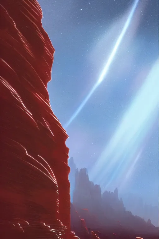 Prompt: futuristic temple of light in red canyon, star trails above, dramatic lighting, artstation, matte painting, ralph mcquarrie, raphael lacoste