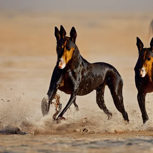 Image similar to National Geographic photo of horse full of octopus being eaten by African hunting dogs