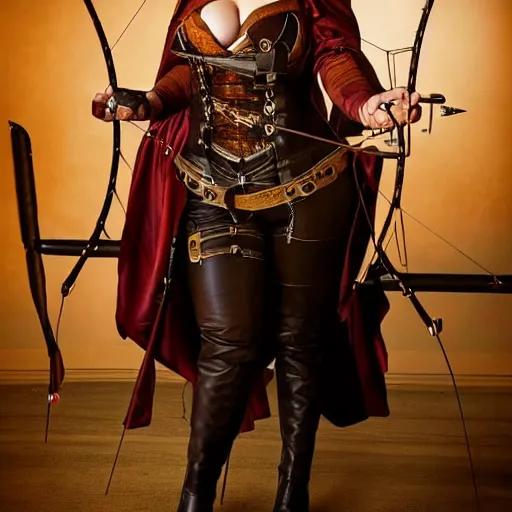 Image similar to full body photo of christina hendricks as a steampunk archer