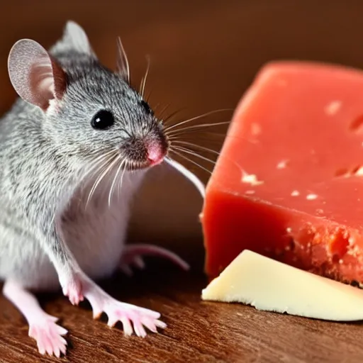 Image similar to a small blue mouse eating a piece of red cheese