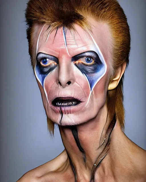 Prompt: David Bowie in Elaborate Pan Satyr Goat Man Makeup and prosthetics designed by Rick Baker, Hyperreal, Head Shots Photographed in the Style of Annie Leibovitz, Studio Lighting