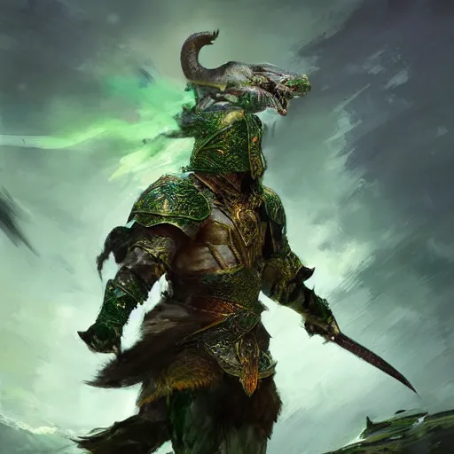 Image similar to Half body shot of a king with a trimmed beard, dual wielding swords, wearing green dragonscale armor and a cheetah pelt cloak, fantasy, digital art by Ruan Jia