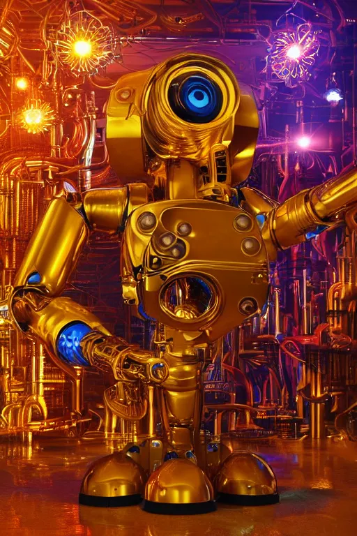 Prompt: portrait photo of a giant huge golden and blue metal humanoid steampunk robot vaccuum cleaner, with gears and tubes, in the hand are mop and bucket, eyes are glowing red lightbulbs, shiny crisp finish, 3 d render, 8 k, insaneley detailed, fluorescent colors, background is multicolored lasershow