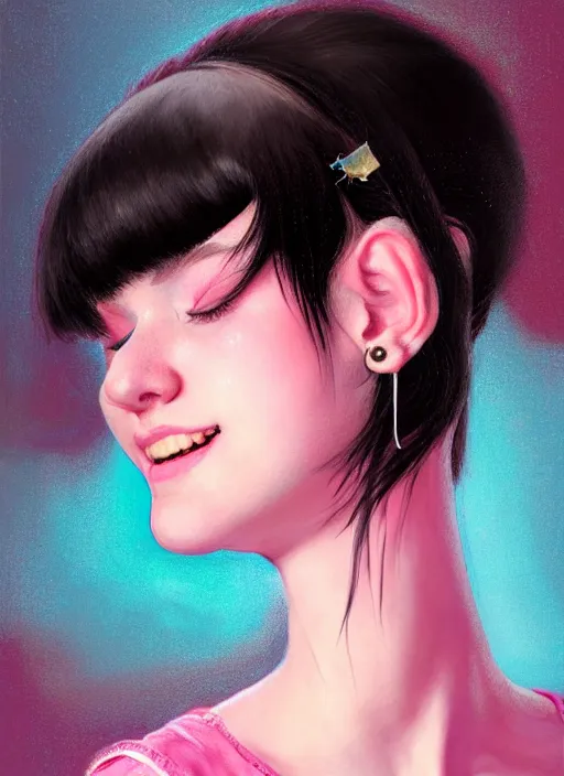 Image similar to portrait of teenage girl, realistic, black hair, bangs, half updo hairstyle, pointy nose, skinny, smile, ugly, defined jawline, big chin, pink hair bow, earrings, intricate, elegant, glowing lights, highly detailed, digital painting, artstation, sharp focus, illustration, art by wlop, mars ravelo and greg rutkowski