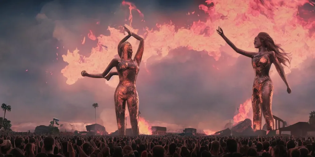 Image similar to realistic cinematic views of a orwellian coachella with fires in the background and dead seagulls falling from the sky in front of the main stage worshipping a large statue of kylie jenner, hyper detailed, terror glows, hyper realistic, digital painting, 8 k, 3 5 mm film grain, octane render