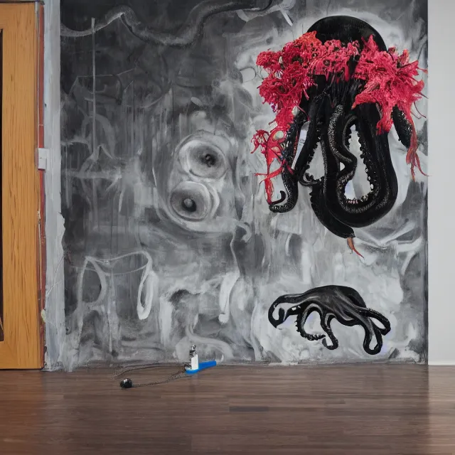 Image similar to empty room with black walls, a portrait of a female pathologist, octopus, mural, wilted flowers, squashed berries, neo - expressionism, surrealism, acrylic and spray paint and oilstick on canvas