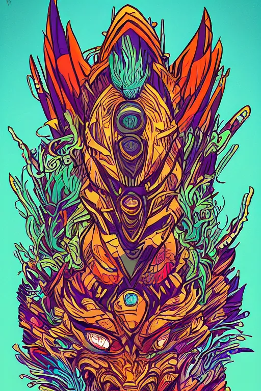 Image similar to totem animal mask tribal feather gemstone plant wood rock shaman vodoo video game vector illustration vivid multicolor borderlands comics by josan gonzales and dan mumford radiating a glowing aura