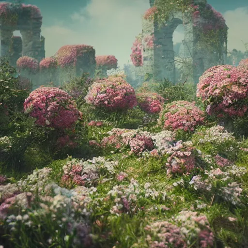 Image similar to A ruined city overgrown by flowers, octane render, 8K, depth of field, By WLOP