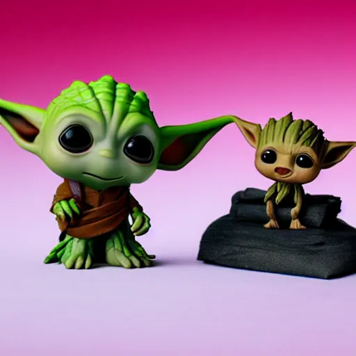 Prompt: a baby groot funko pop next to a baby yoda funko pop, photo studio, professional photo, professional lighting, artstation trend, hdr