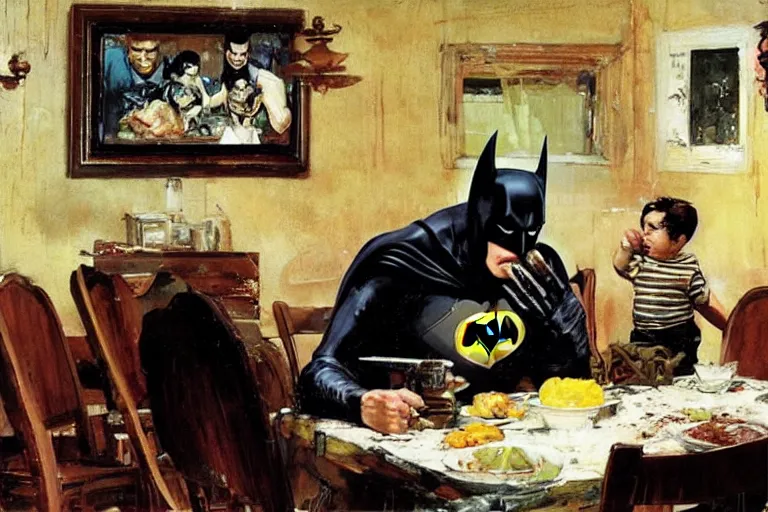 Image similar to batman eats messily in a dining room much to the displeasure of his wife, painted by phil hale and rick berry and dean cornwell and norman rockwell and jeremy mann