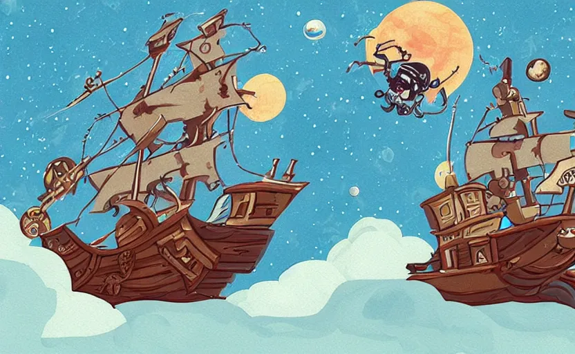 Image similar to pirate ship in space, storybook, gouache, flat, concept art, lush, pixel art