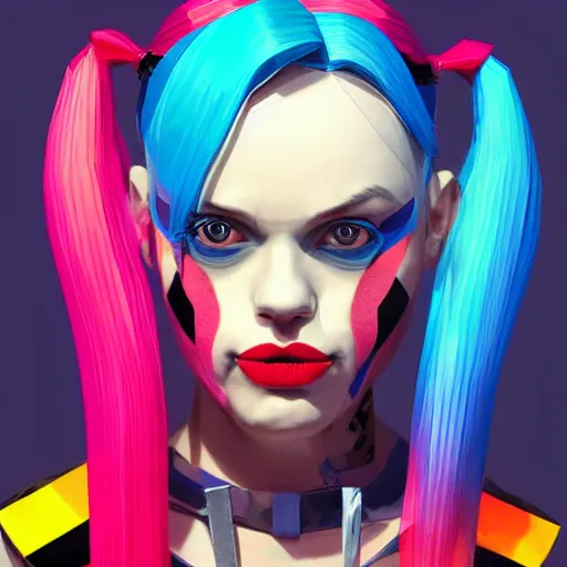 Image similar to digital art, low poly 3d render of Harley Quinn but she's a beautiful young ape-girl with long pony tails on either side of her head, illustration, by James Jean, artgerm, octane render, by John Coltrane and Marc Simonetti, Manic, graffiti, kinemacolor, colorful, high detail of the face, full body