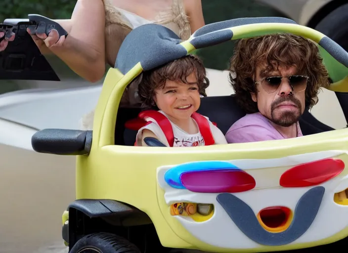 Prompt: peter dinklage and kate beckinsale driving a little tikes cozy coupe, movie still, from the new fast and furious tokyo drift movie, 8 k, realistic