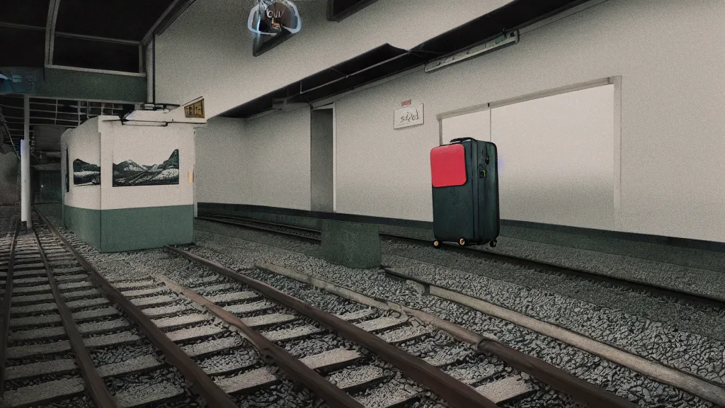 Image similar to an explorer's luggage on the train platform, rural japan, a collage painting, in the style of wes anderson, lola dupre, david hockney, isolated on negative white space background dark monochrome neon spraypaint accents volumetric octane render