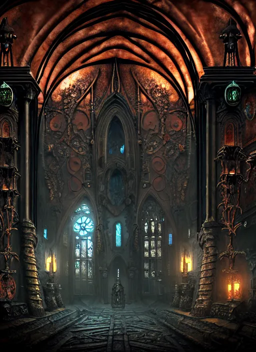 Image similar to steam necropolis, memento mori, gothic, neo - gothic, art nouveau, hyperdetailed copper patina medieval icon, stefan morrell, philippe druillet, ralph mcquarrie, concept art, steampunk, unreal engine, detailed intricate environment, octane render, moody atmospherics, volumetric lighting, ultrasharp, ominous, otherworldly