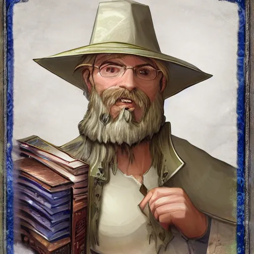 Image similar to A blond bearded D&D wizard in a wide brimmed hat using magical computer equipment at a desk cluttered with tomes, Pathfinder D&D character portrait