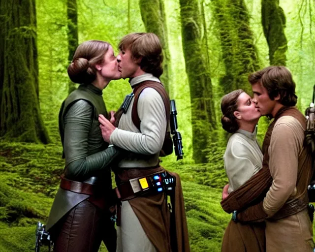 Image similar to luke skywalker, princess leia and han solo hugging and kissing in the forest of endor in a modern remake of return of the jedi