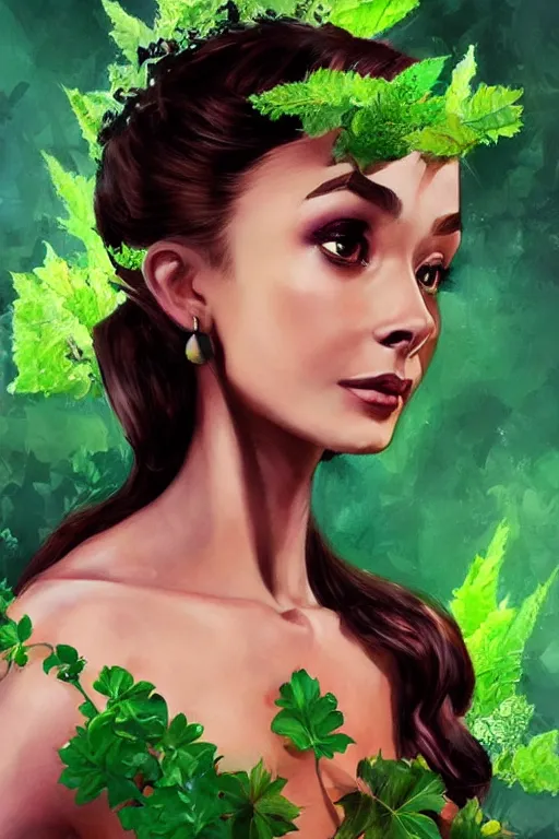 Prompt: portrait of a beautiful dark skinned young audrey hepburn as titania, summer queen. faerie queen. queen of light, green, poison ivy, made by caravaggio stanley artgerm lau wlop rossdraws artstation cgsociety concept art cgsociety octane render