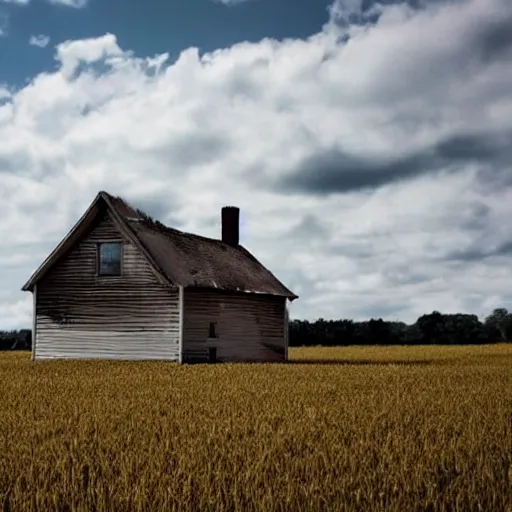 Prompt: unnerving photo of a house in the middle of a field during noon