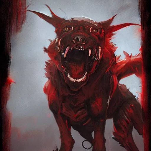 Image similar to demon dog cerberus, painted by greg rutkowski