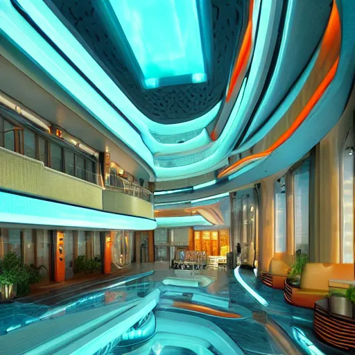 Image similar to futuristic hotel lobby, hyper detailed, digital art, trending in artstation, cinematic lighting, teal and orange