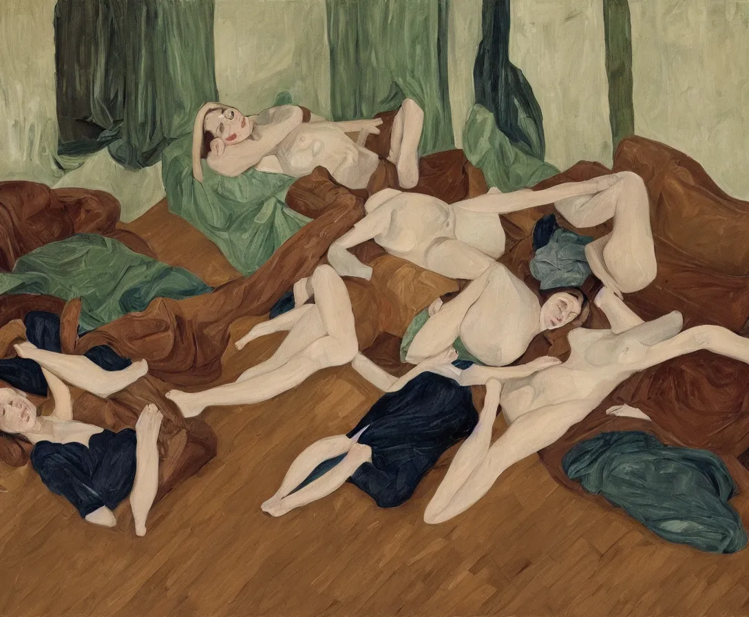 Image similar to portrait of two women lying horizontal, in an empty old english apartment with wooden floor on a brown leather sofa. one is wearing a dark blue sweather, the other a white shirt. brown hair, they are looking into the camera. wide shot. in the style of lucien freud. oil painting. green mood. isometric perspective