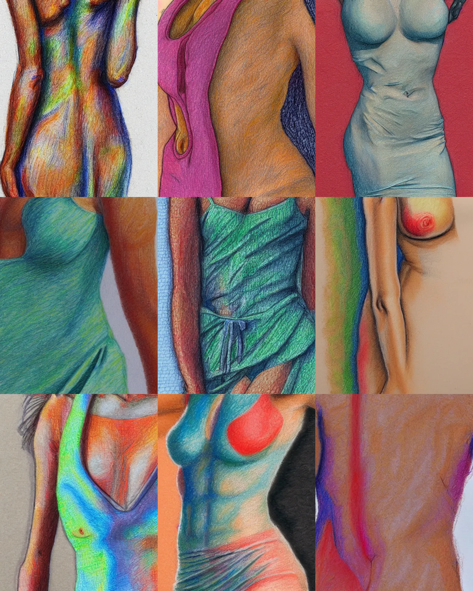 Prompt: torso of a young woman, summer dress, detailed coloured pencil, close up