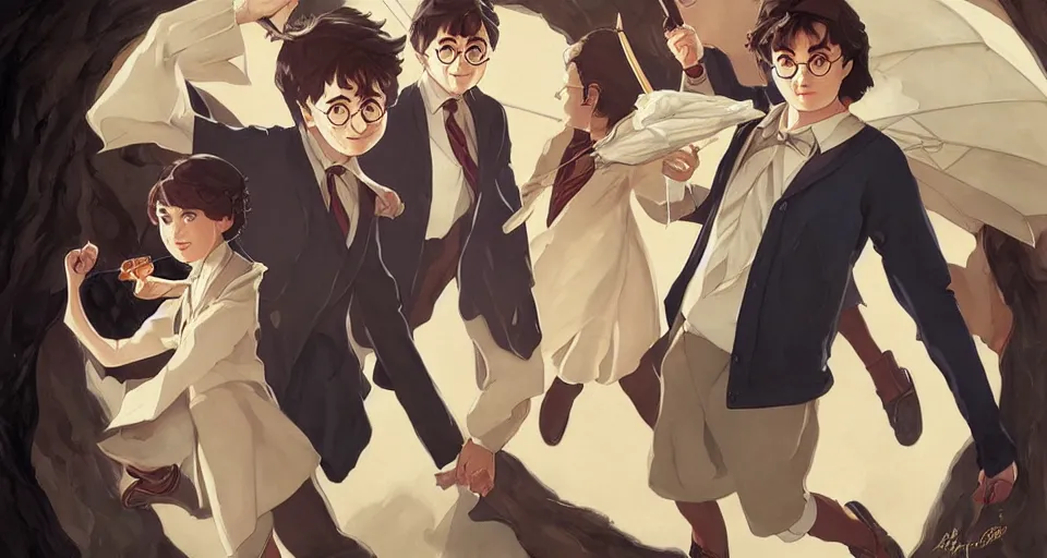 Image similar to harry potter, in the style of studio ghibli, j. c. leyendecker, greg rutkowski, artgerm