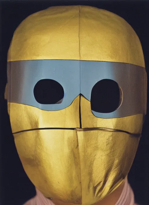 Image similar to a fashion portrait photograph of a man wearing a metal mask designed by piet mondrian, 3 5 mm, color film camera,