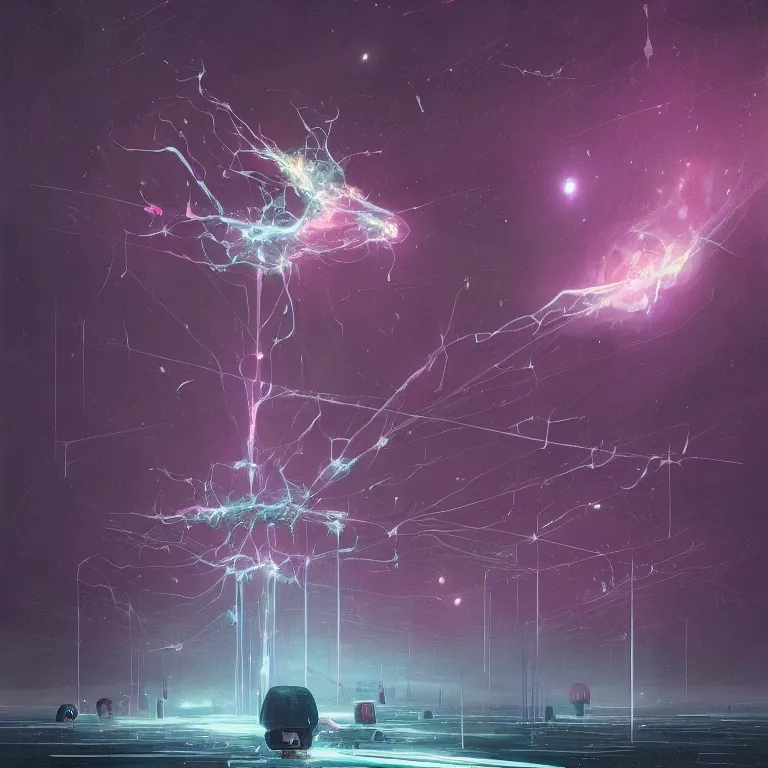 Image similar to neurons interconnecting, nebulas forming, tendrils, sci - fi concept art, by john harris, by simon stalenhag, stunning, award winning