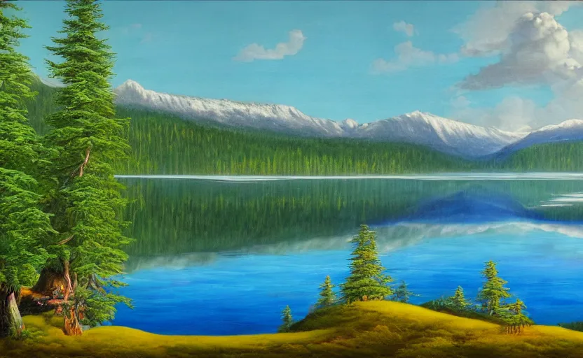 Image similar to beautiful award winning mythical painting of a canadian lake, 4 k, ultra hd