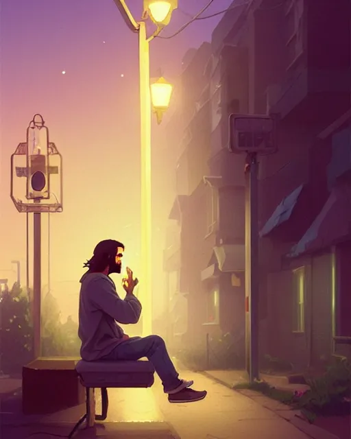 Prompt: highly detailed vfx portrait of jesus smoking a cigarette under a street light, unreal engine, greg rutkowski, loish, rhads, beeple, makoto shinkai and lois van baarle, ilya kuvshinov, rossdraws, tom bagshaw, alphonse mucha, global illumination, detailed and intricate environment