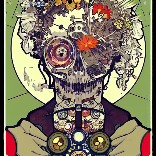 Image similar to anime manga astronaut skull portrait profile skeleton by Alphonse Mucha and Takashi Murakami Joshua Davis generative pop art nouveau