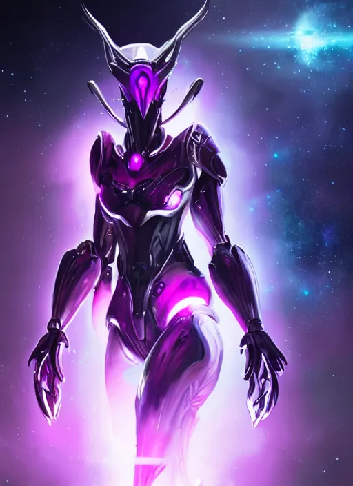 Image similar to cinematic goddess close shot, galactic sized proportional stunning beautiful hot female warframe, sleek mecha female dragon head, metal ears, led purple eyes, smooth fuschia skin, smooth silver armor, floating in space, holding a galaxy, epic proportions, epic size, epic scale, furry art, dragon art, giantess art, warframe fanart, furaffinity, octane