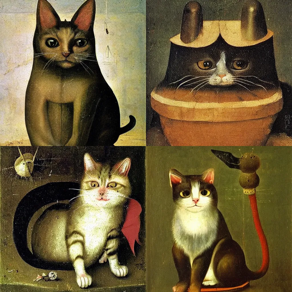 Prompt: an oil painting of a cute cat by Hieronymus Bosch