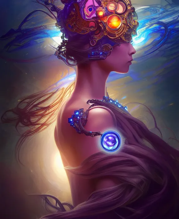 Image similar to a whirlwind of souls rushing inside the metaverse, half body, glowin eyes, tiara with sapphire, pharaoh, android, cyberpunk, d & d, fantasy, intricate, elegant, highly detailed, colorful, vivid color, digital painting, artstation, concept art, art by artgerm and greg rutkowski and alphonse mucha and ruan jia