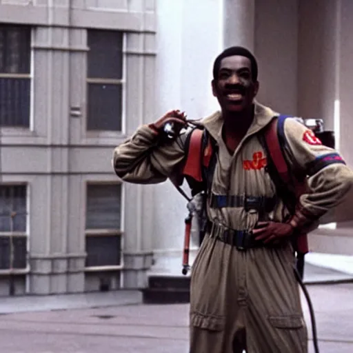 Image similar to young Eddie Murphy as a Ghostbuster in a still from the movie Ghostbusters 8k hdr