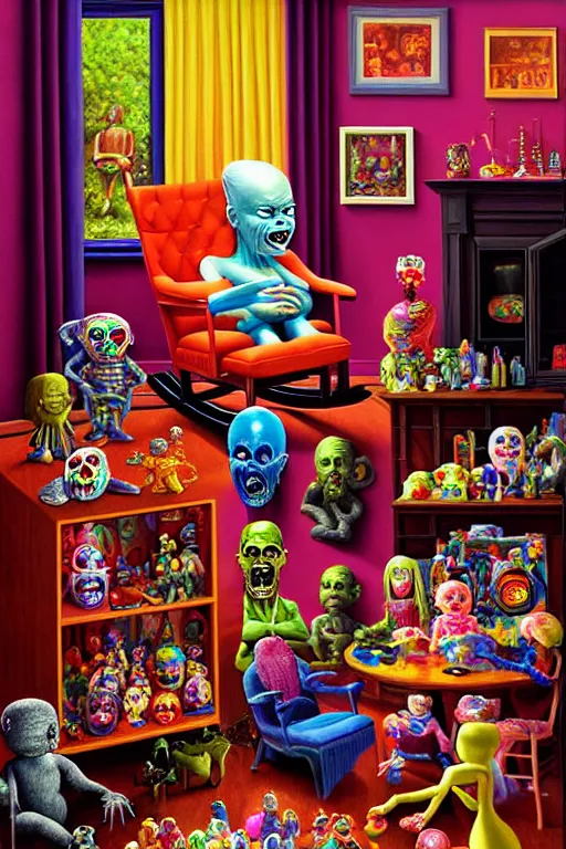 Image similar to a hyperrealistic painting of a room full of evil possessed toys watching a grandma in a rocking chair, cinematic horror by chris cunningham, lisa frank, richard corben, highly detailed, vivid color,